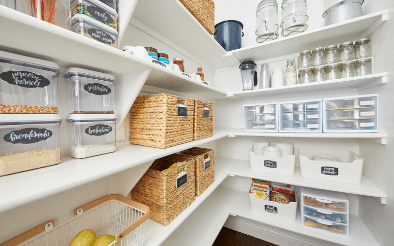 SImplified and organized walk in pantry shelves