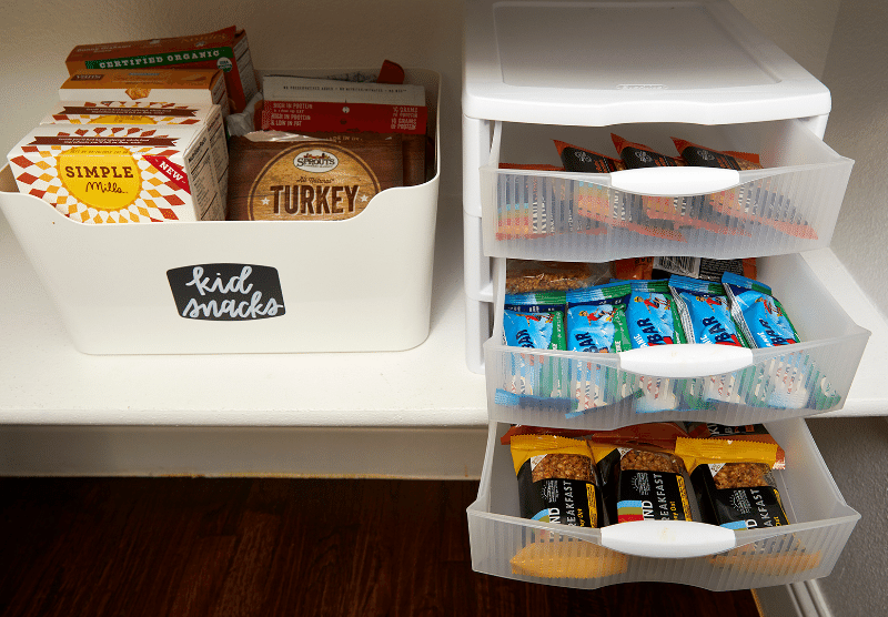 kids snacks organization containers in pantry