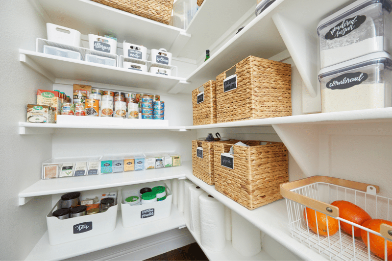 simplified and organized walk in pantry