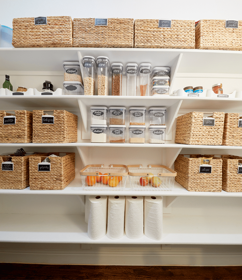 simplified and organized walk in pantry shelves